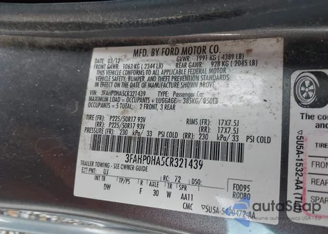 2012 Ford Fusion Se z USA, uszkodzony, nr VIN 3FAHP0HA5CR321439